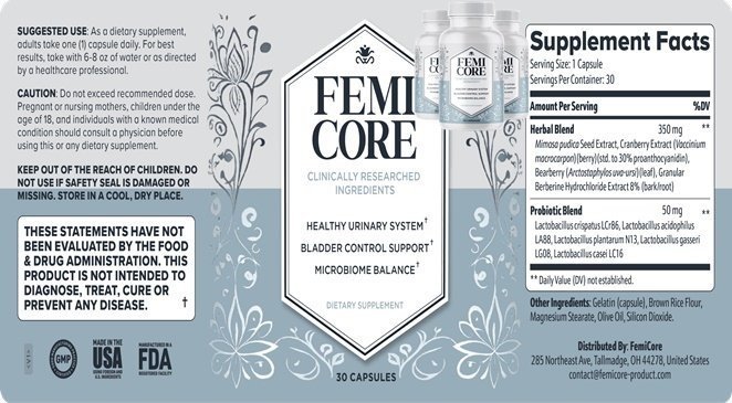 FemiCore ingredients label showing the Supplement Facts panel