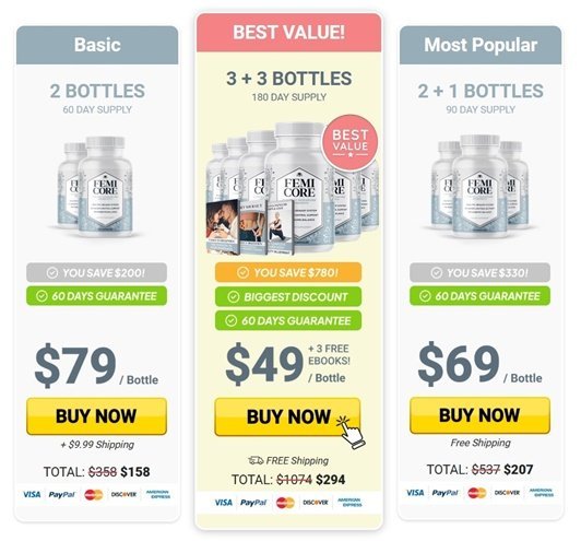 FemiCore price packages for 2, 3 and 6 bottles